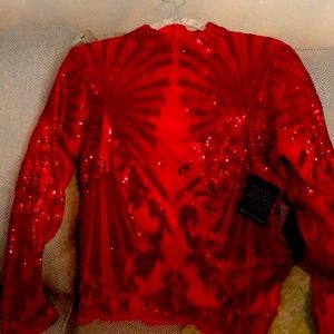 RED SEQUIN MOCK NECK TOP / BLOUSE in  SIZE MEDIUM (M) BOSTON PROPER NEW w/ TAGS